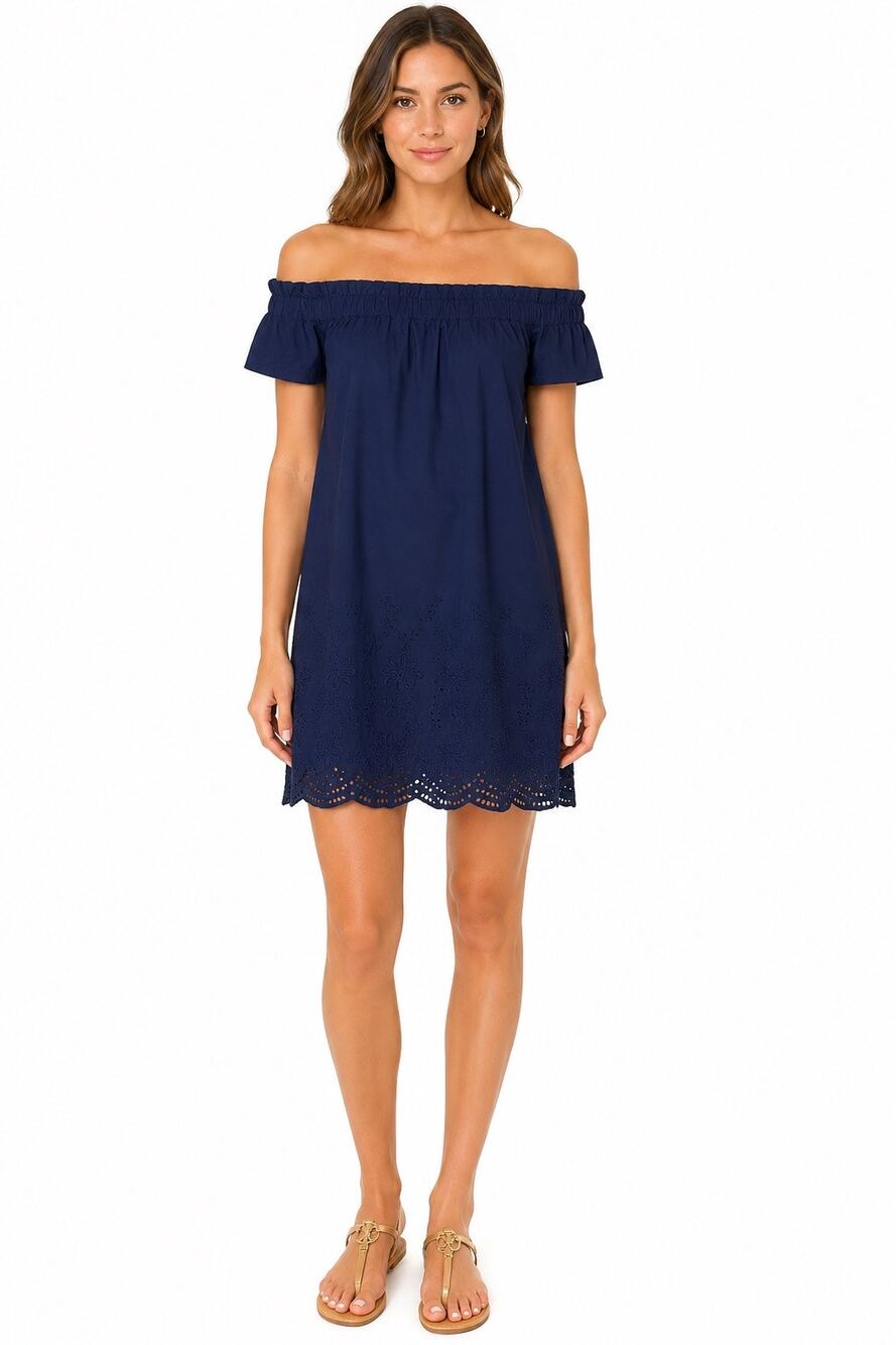 Vineyard Vines Navy Eyelet On or Off Shoulder Preppy Dress Small Cotton Lined